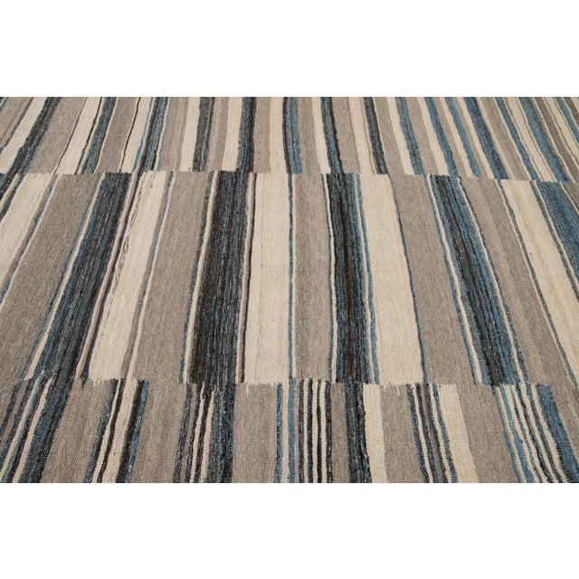 Beige Modern Flat-Weave Kilim Wool Rug With Abstract Design in Beige and Blue For Sale - Image 8 of 10