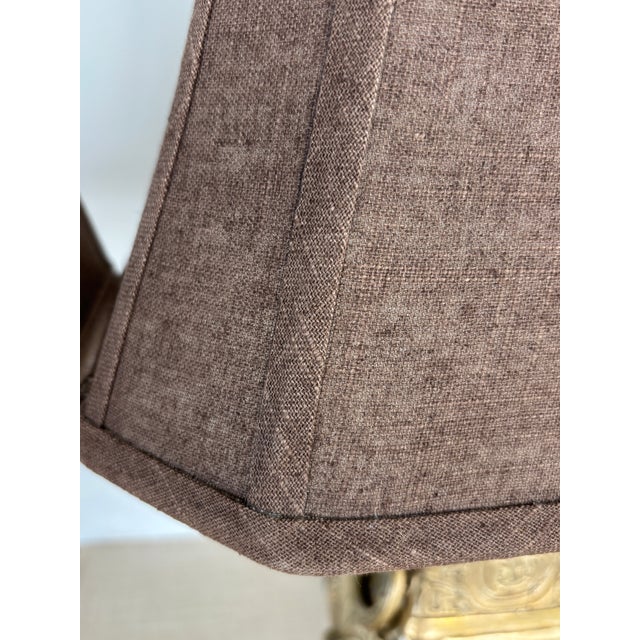 Vintage Pair Asian Archaic Brass Urn Lamps James Mont Style With Linen Shades For Sale - Image 13 of 15