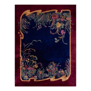1920s Blue Navy Medallion Antique Chinese Art Deco Carpet 8' 9" X 11' 5" Knotted Wool Rug For Sale