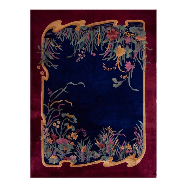 1920s Blue Navy Medallion Antique Chinese Art Deco Carpet 8' 9" X 11' 5" Knotted Wool Rug For Sale