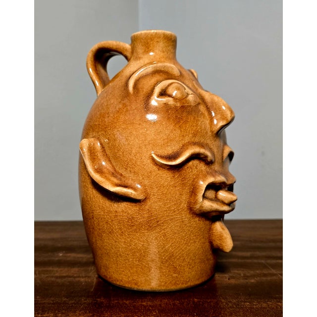 ​Vintage Rodney Leftwich Signed Nc Folk Art Pottery Stoneware Face Jug For Sale - Image 4 of 11