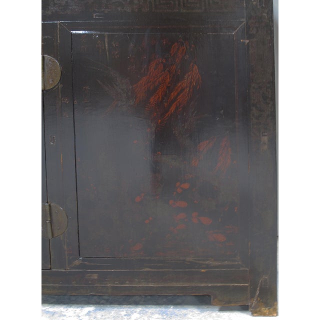 Antique Chinese Tall Sideboard With Faded Hand-Painted Doors, Red-Brown Patina For Sale - Image 10 of 11