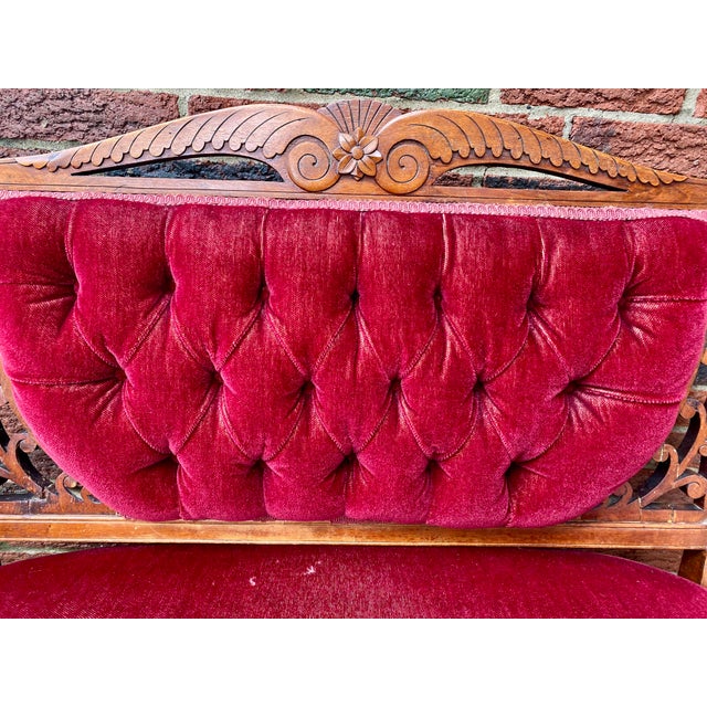 Vintage Victorian-Style Wine Red Velvet Loveseat For Sale In Pittsburgh - Image 6 of 17