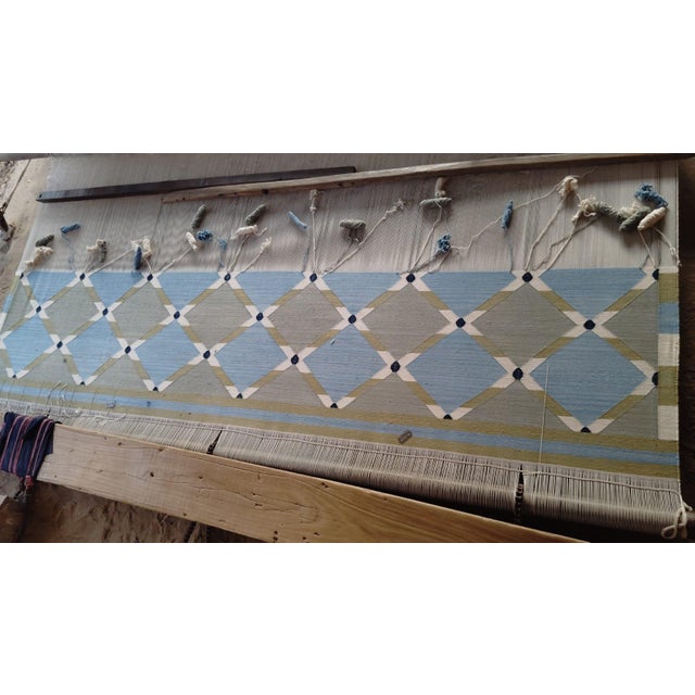 Handwoven Cotton Area Rug, Grey, Sky Blue, Green and Cream Geometric Dhurrie - 10'x14' For Sale - Image 9 of 13