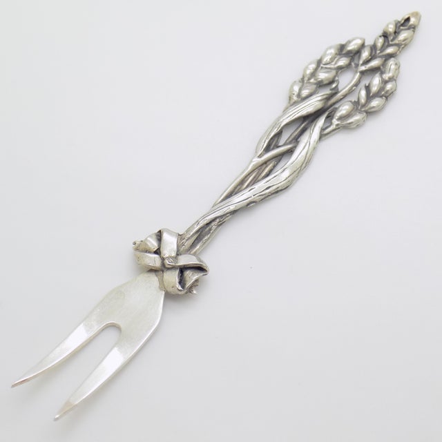 1980s Vintage Italian Handmade Genuine Silver Cocktail Fork With Wheat Corn Decoration For Sale - Image 5 of 10