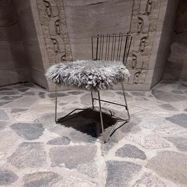 Folding Brass Side Chair Furry Gray Faux Lambskin For Sale - Image 4 of 12