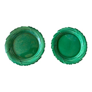 Vintage Green Majolica Leaf Plates – Set of 2 For Sale