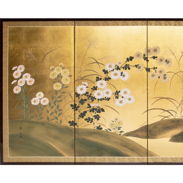 Japanese "Chrysanthemums, Rose Mallow and Bush Clover" by Shunsui, Showa Japanese Byobu Screen For Sale - Image 3 of 18