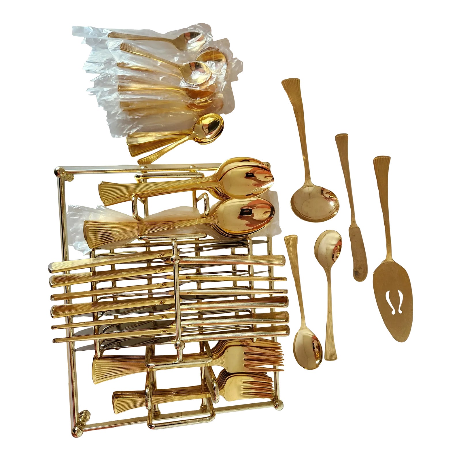 1960s Golden Barclay Geneve Flatware Set With Caddy- 105 Pieces