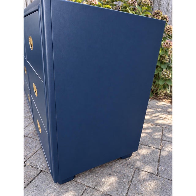 Campaign Professionally Refinished Drexel Heritage Campaign Dresser in Navy With Brass Hardware For Sale - Image 3 of 8
