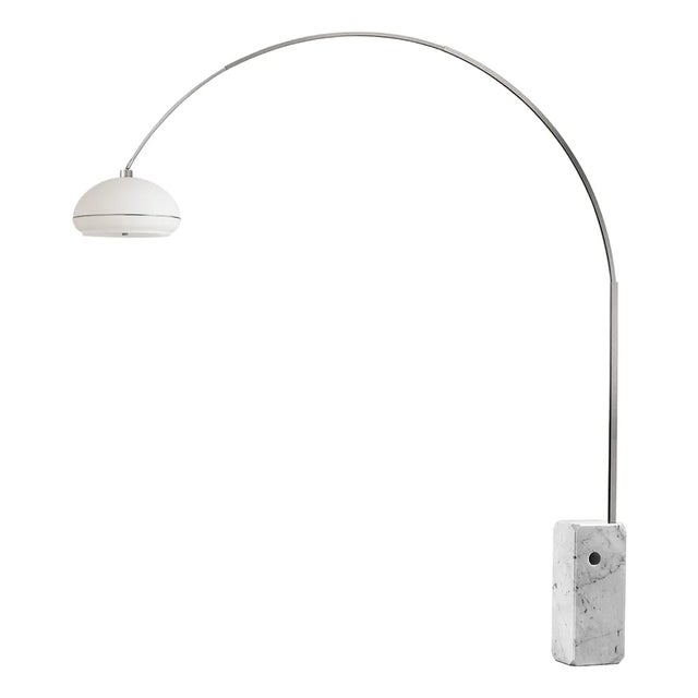 Iconic Mid-Century Modern Arc Lamp, Satin Nickel, White Marble Base, Lucite Shade, Dimmable For Sale