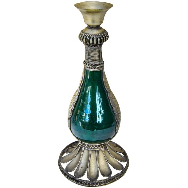 Moroccan Mid 20th Century Moroccan Green Ceramic Candleholder With Engravings For Sale - Image 3 of 8