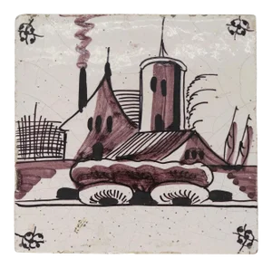 Dutch Delft Puce and Black Tin Glazed Pottery House Tile