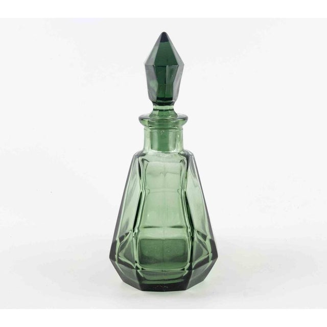 Vintage Cubist Art Deco Decanter in Green Art Glass, France, 1930s For Sale - Image 3 of 7