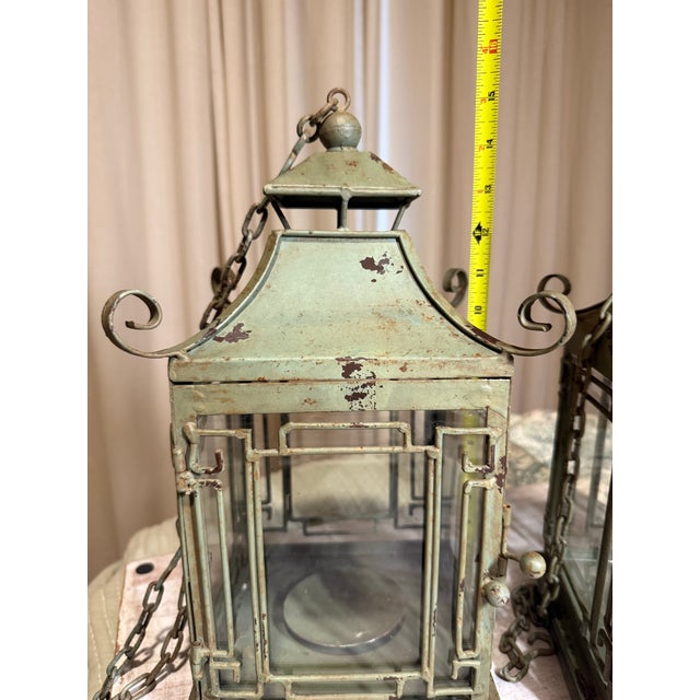 Pair of Vintage Metal Chinoiserie Pagoda-Style Hanging Lanterns With Weathered Sage Green Finish For Sale In Las Vegas - Image 6 of 12