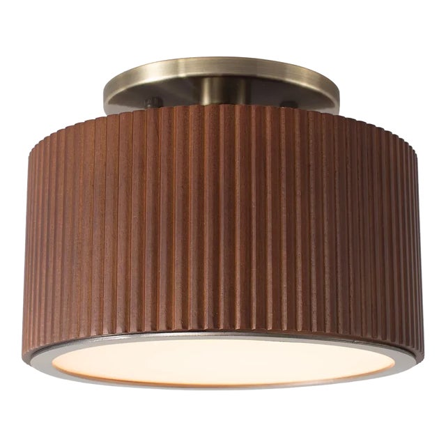 Tambo Semi-Flush Mount Ceiling Light - Dark Walnut Wood Finish, Weathered Brass For Sale