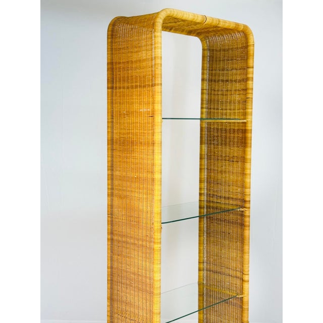 Brown Wicker and Glass Etagere Bookcase Display Shelf Attributed to Founders, Mid Century Modern For Sale - Image 8 of 15