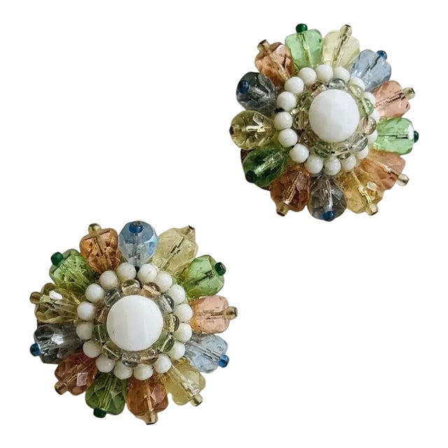 1950s West Germany Pastel Glass Beaded Earrings - 2 Pieces For Sale