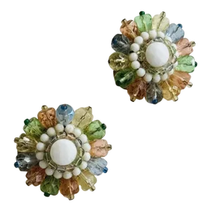 1950s West Germany Pastel Glass Beaded Earrings - 2 Pieces