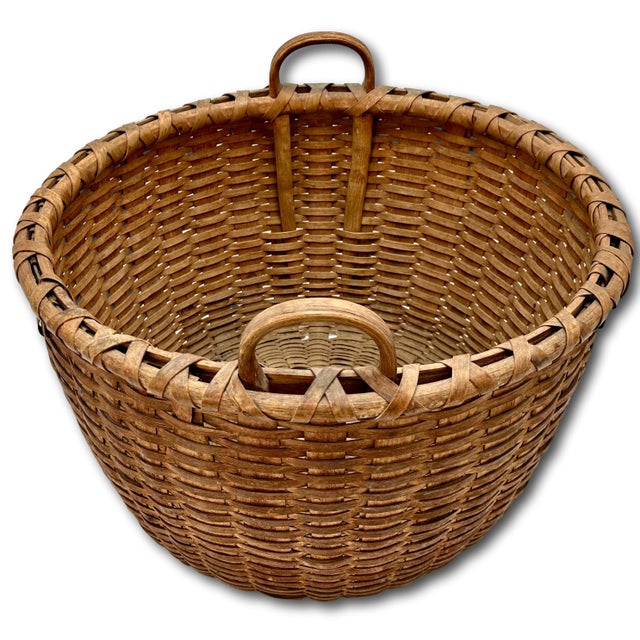 Wood Outstanding Large Size Antique American Hand Woven Ash Wood Splint Maine Apple Farm Harvest Basket For Sale - Image 7 of 18