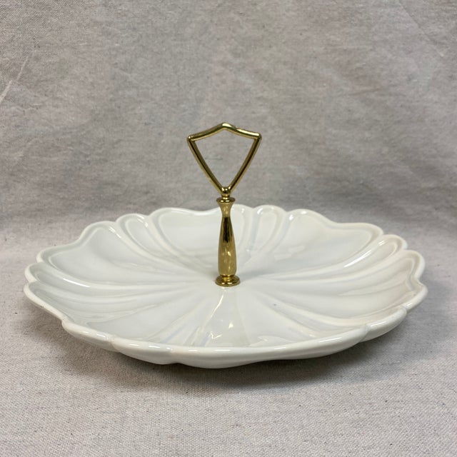 1960s Vintage California Pottery Cream White Relish Dish Tray With Gold Metal Handle For Sale - Image 5 of 12