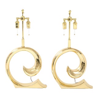Pair of Polished Brass Pierre Cardin Logo Lamps by Erwin Lambeth For Sale