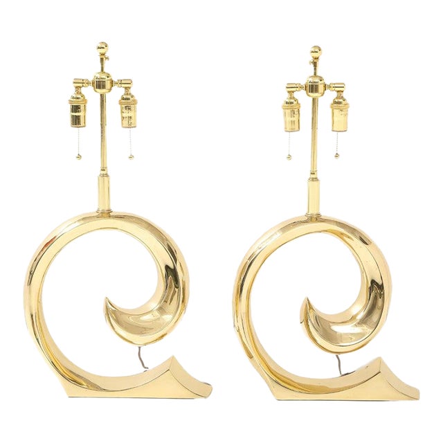 Pair of Polished Brass Pierre Cardin Logo Lamps by Erwin Lambeth For Sale