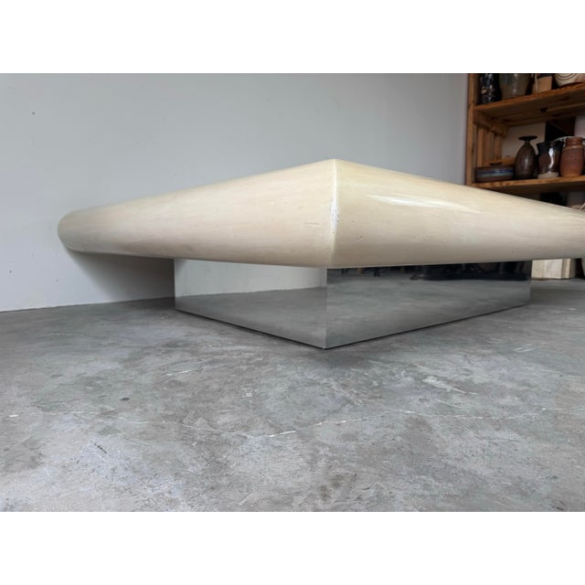 Wood Large Karl Springer–Style Bullnose Lacquer Floating Coffee Table With Chrome Base For Sale - Image 7 of 12