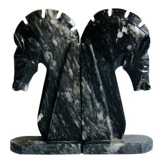 Pair of Mid Century Marble Black and White Horse Head Bookends For Sale