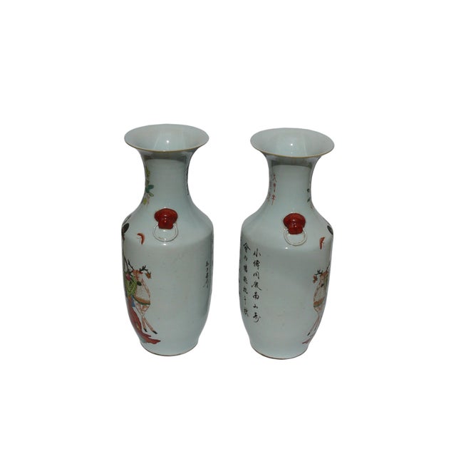 Chinese Pair Chinese Famille Rose People Graphic Tall Porcelain Art Vases For Sale - Image 3 of 8