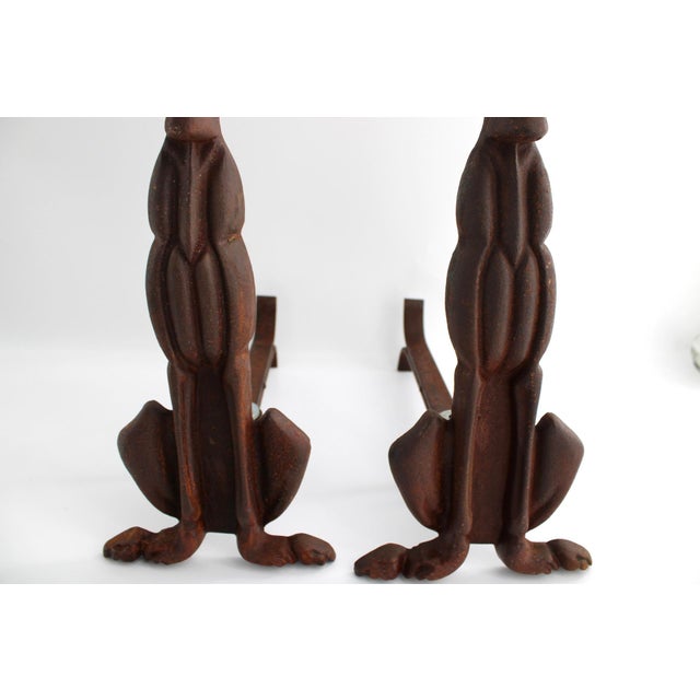 Art Deco Rare Vintage Pair of Art Deco Cast Iron Dog Andirons / Log Holders, C1920-30s, 17” Tall For Sale - Image 3 of 4