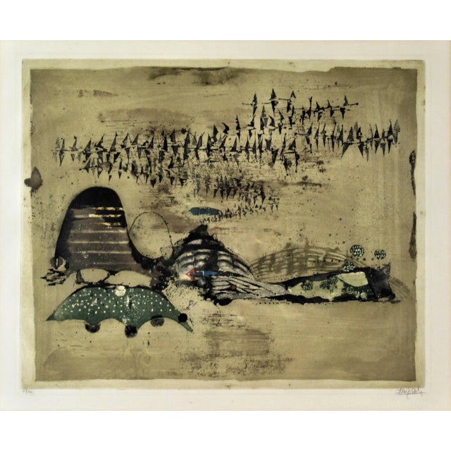 This artwork "Abstract Composition IV" c.1970 in an original color etching and aquatint on Wove paper by noted Polish...