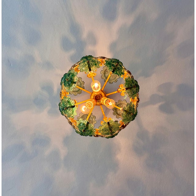 Mid-Century Modern 1970s Mid-Century Modern Style Teal Turquoise Hand-Painted Glass and Gold Floral Chandelier⁠ For Sale - Image 3 of 17