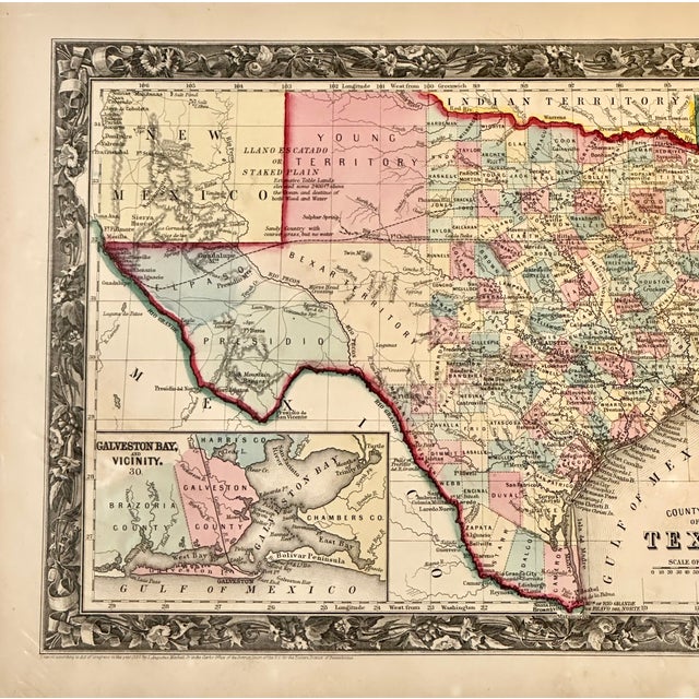 Traditional Texas With Galveston Bay, Original Map by Mitchell, Circa 1867 For Sale - Image 3 of 4