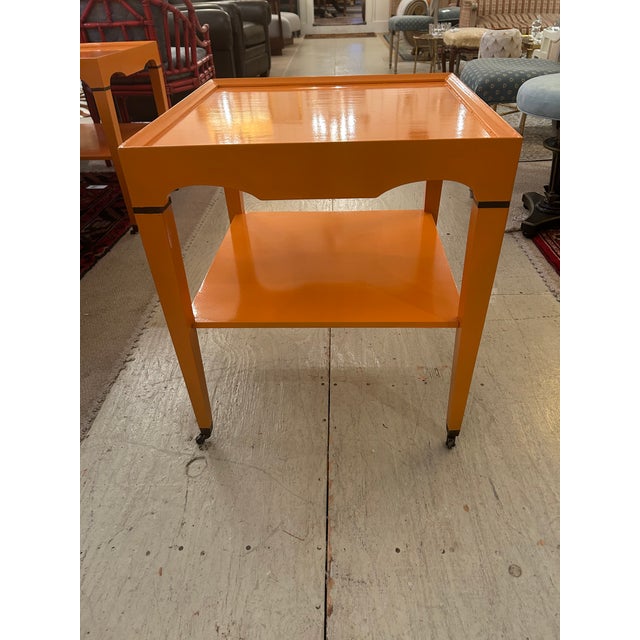 Glossy Hermes Orange Square Two Tier End Tables -a Pair For Sale - Image 12 of 16