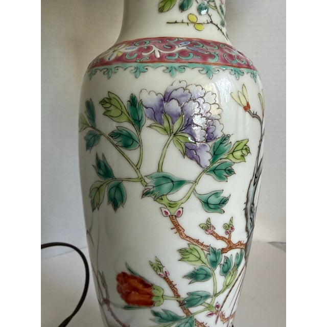 Late 20th Century Vintage Chinese Chinoiserie Porcelain Table Lamps With Birds, Chrysanthemums & Pleated Shades - a Pair For Sale - Image 5 of 12