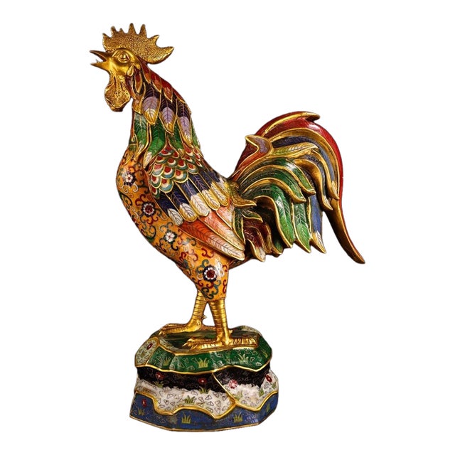 Gilt Bronze Cloisonné Enamel Rooster Figure on Tiered Base For Sale
