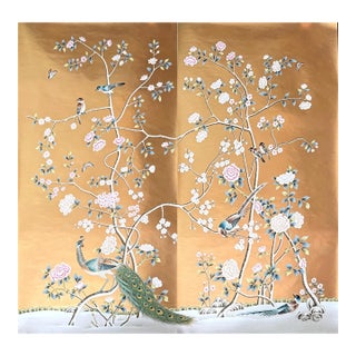 Chinoiserie Gilded Peacock Mural Panels, Luxe Gold Leaf Bird and Blossom Wall Art For Sale
