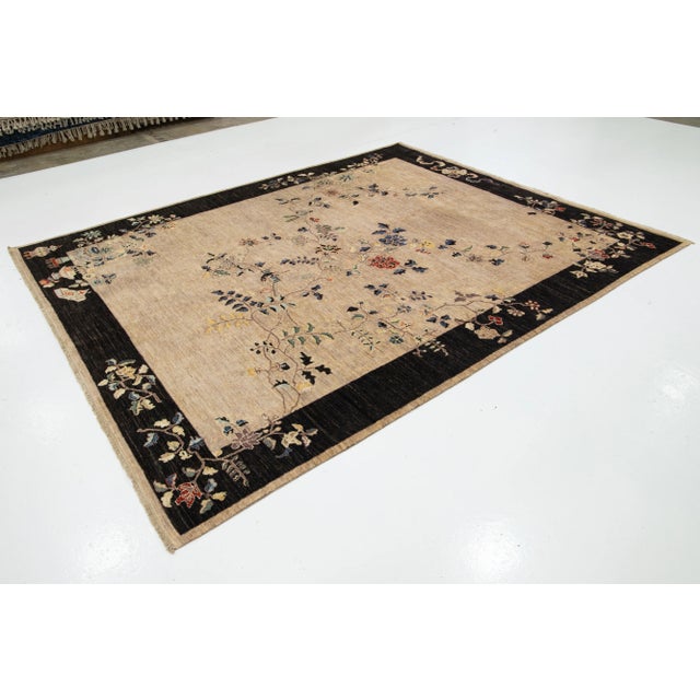 Chinese Room Size Modern Chinese Style Brown Wool Rug With Floral Motif For Sale - Image 3 of 10