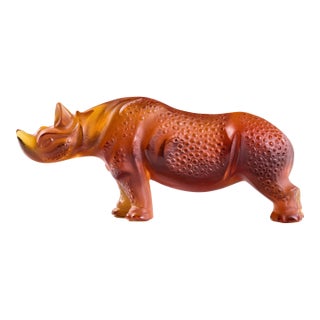 Lalique French Crystal Amber Rhino Sculpture For Sale