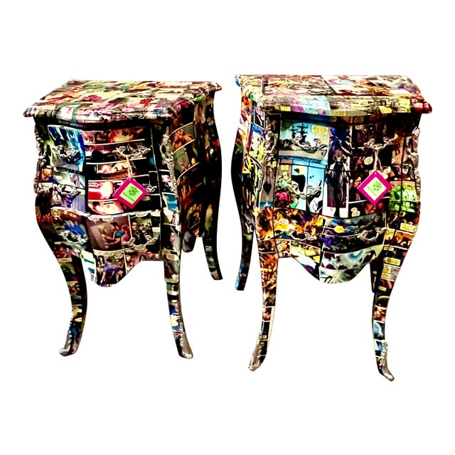French-Inspired Comic Print Commode Nightstands Pair For Sale