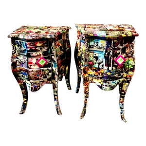 French-Inspired Comic Print Commode Nightstands Pair