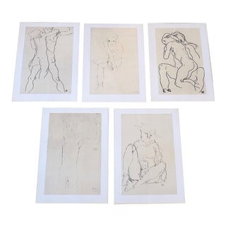 Vintage 20th Century Signed Egon Schiele Expressionist Female Figural Lithographs - Set of 5 For Sale