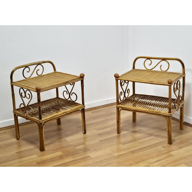 Mid-Century Modern Vintage Rattan and Vienna Straw Bedside Tables, 1960s, Set of 2 For Sale - Image 3 of 10