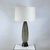 Chic oblong studio ceramic lamp. Gorgeous textured green glaze. Rewired with custom linen shade and diffuser.