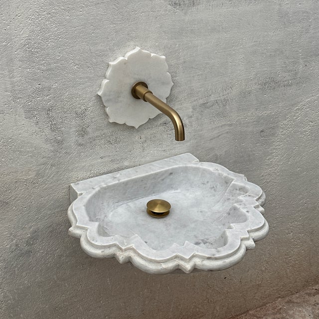 White Indian Marble Mid Century Modern Wall Mount Sink Zephyr For Sale - Image 8 of 9