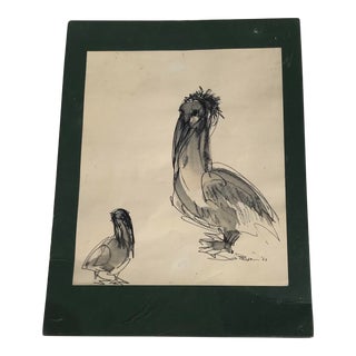 1960s Coastal Pen and Ink Painting of Pelicans For Sale