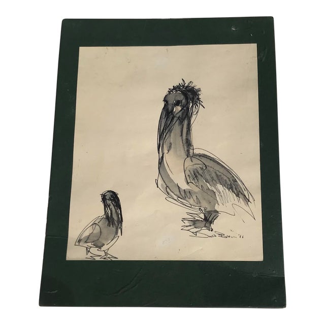 1960s Coastal Pen and Ink Painting of Pelicans For Sale