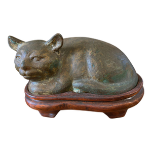Old Bronze Chinoiserie Han Style Recumbent Kitten Sculpture on Wood Stand