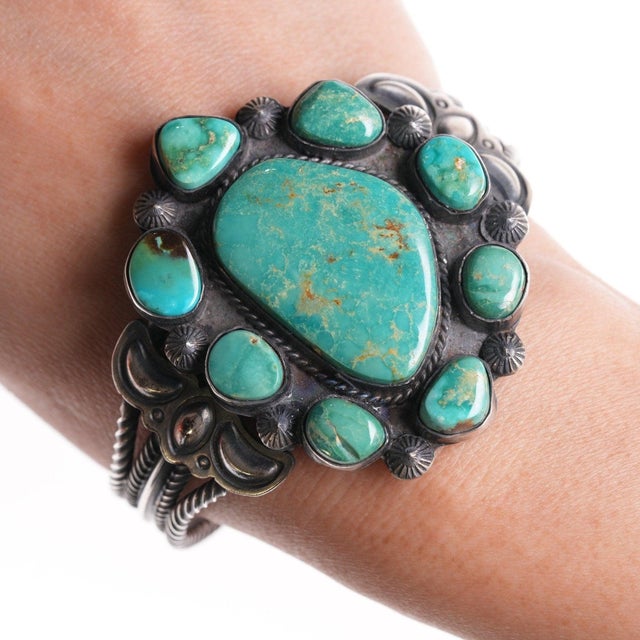 Native American 6.75" Jefftey Mutte Navajo sterling and turquoise cluster cuff bracelet For Sale - Image 3 of 11